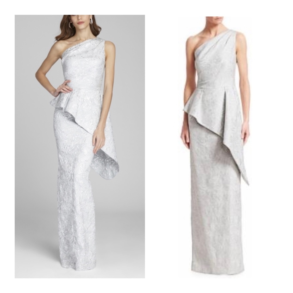 Teri Jon One Shoulder Peplum Jacquard Metallic Light Grey Gown Dress Sz 6 NWT